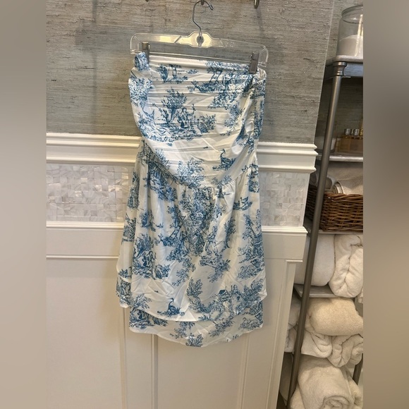 New XL 12 SHEIN vacay blue white toile strapless tiered dress shirred - Picture 3 of 17